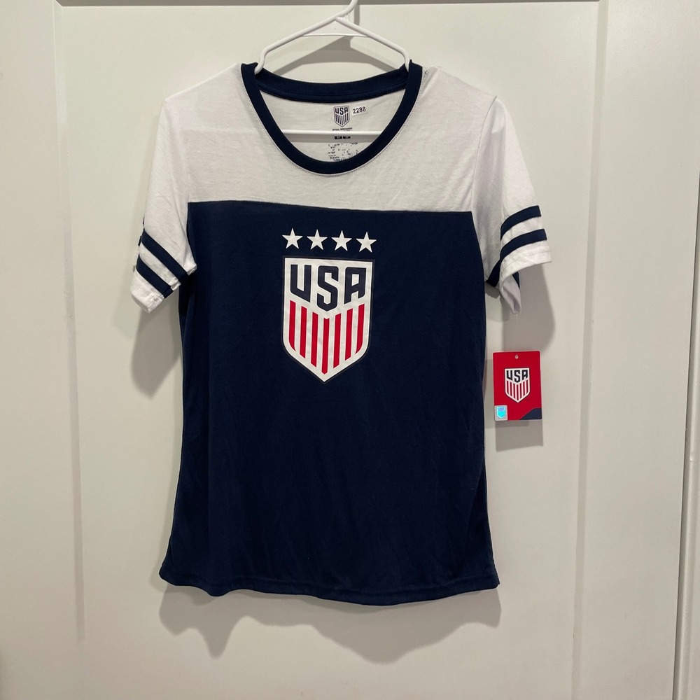 US Soccer Womens Navy White Colorblock Crest T-Shirt USSF M USSI85WCT